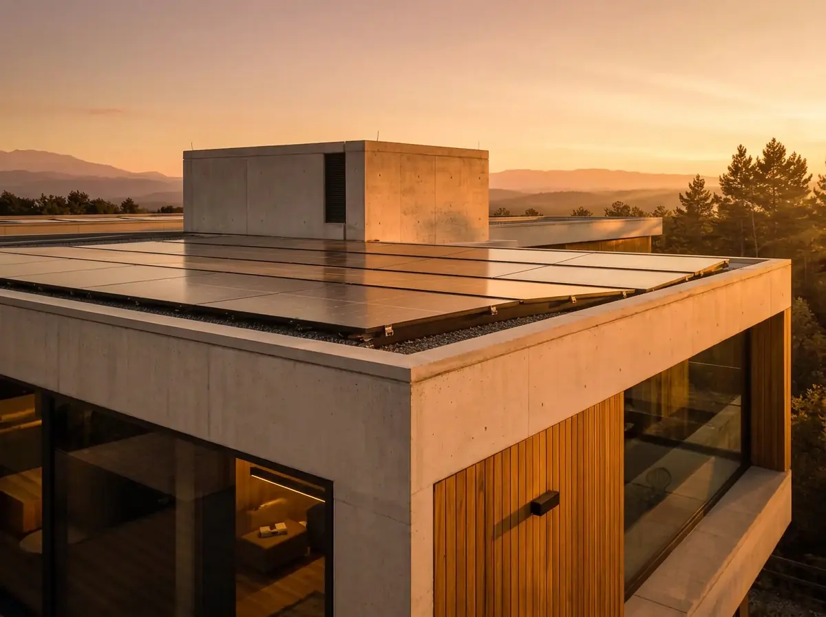 Cuberta plana de edificio contemporáneo con paneles solares fotovoltaicos integrados