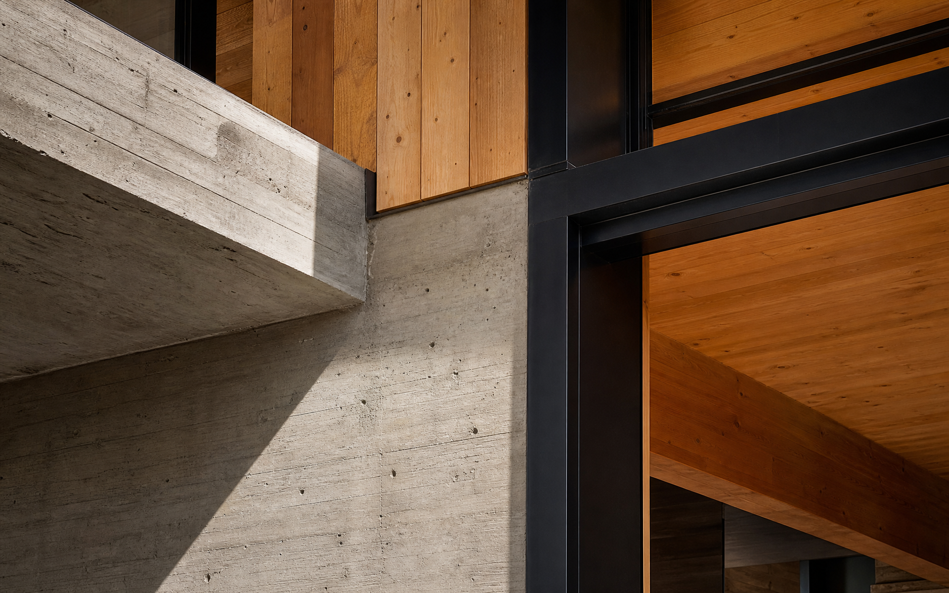 Encuentro constructivo entre hormigón visto, madera natural y acero negro bajo luz natural