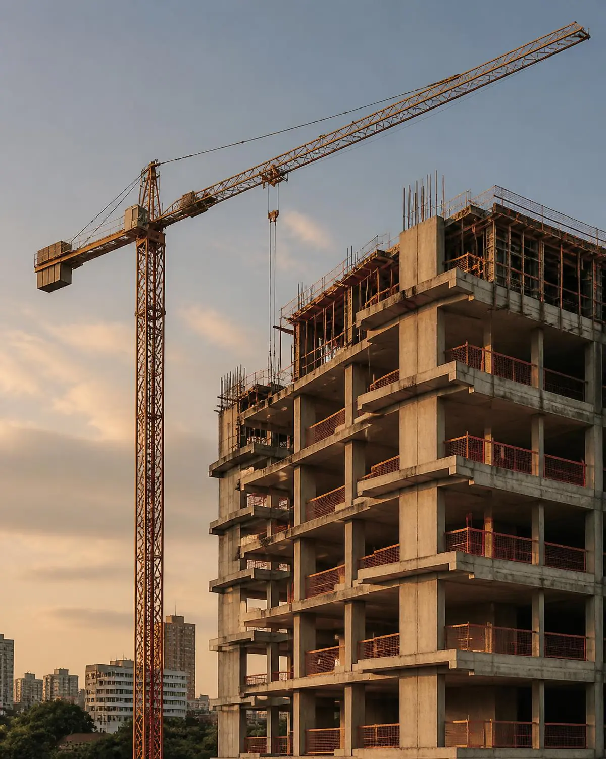 Estructura de hormigón de un edificio en construcción al atardecer