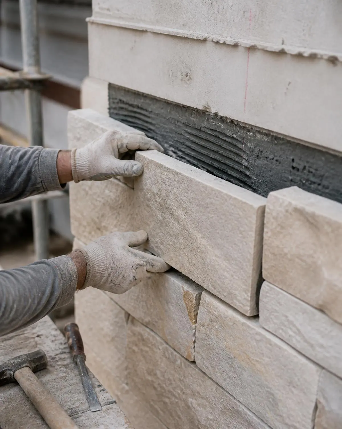 Manos con guantes colocando una pieza de piedra en un muro