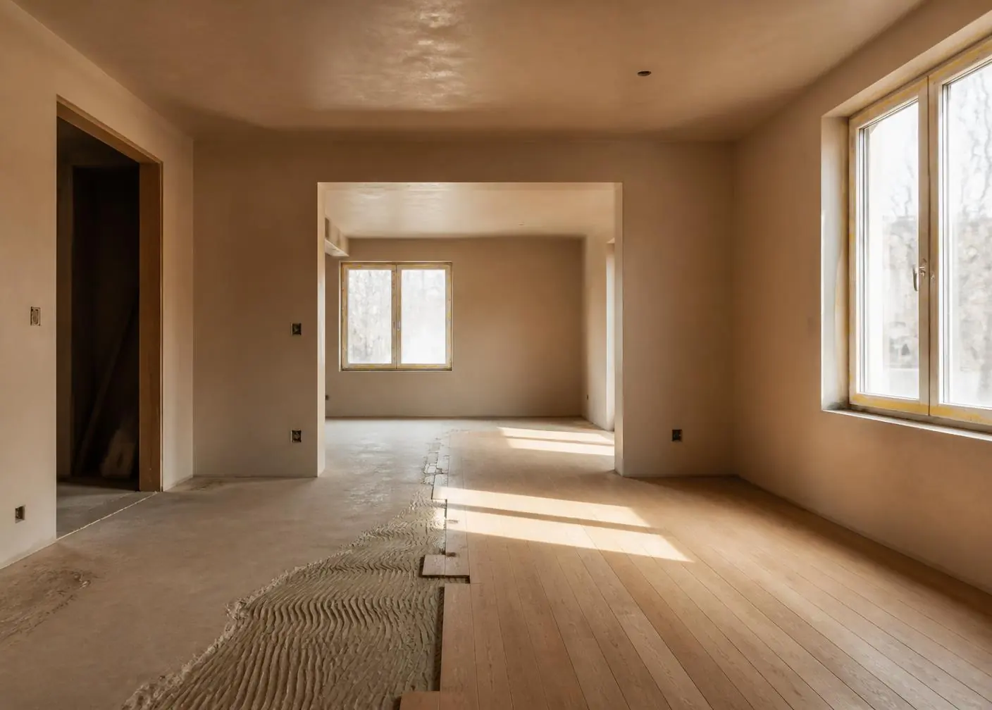 Reforma interior en ejecución con tarima de madera y paredes enlucidas